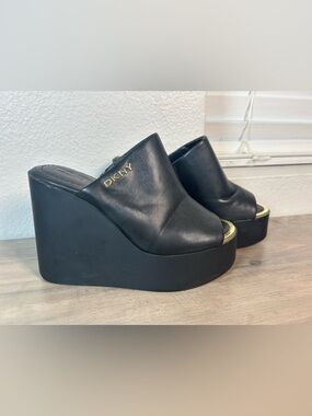 DKNY Pen Black Wedge Platform Sandals Slide On Heels Sz 6.5 90s Bratz Leather